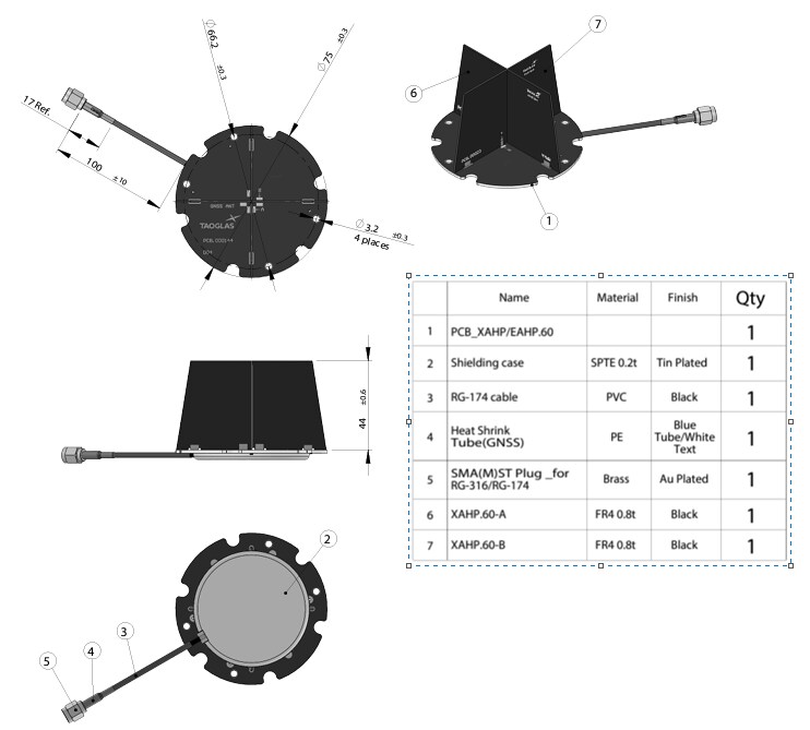 Mechanical Drawing - Taoglas EAHP.60 Multi-Band GNSS Antenna